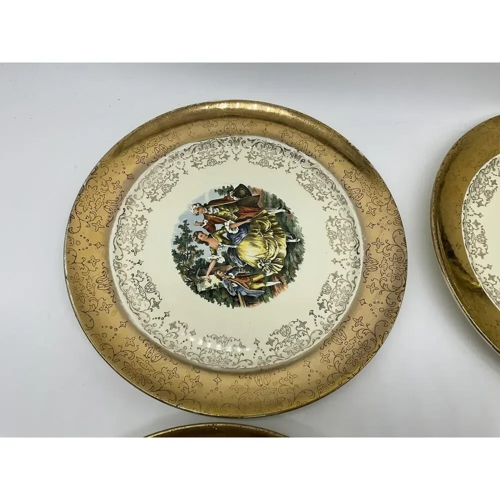 Vintage Sabin Crest-O-Gold Dinner Plates Set 4 Gold Courting Couple Rococo USA‎